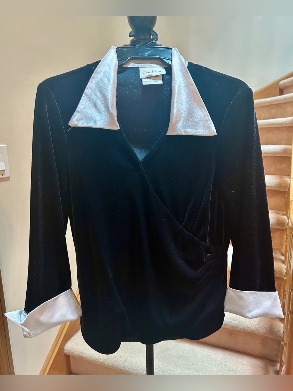 Tradition Black Velvet Top with White Satin Collar and Cuffs, Y2K 2000s Vintage